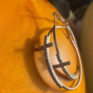 Silver Hoop Earrings with Cross Design